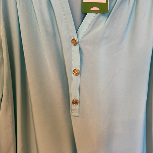 Lilly Pulitzer, silk, long sleeve blouse, aqua, large, new tags - Picture 4 of 5